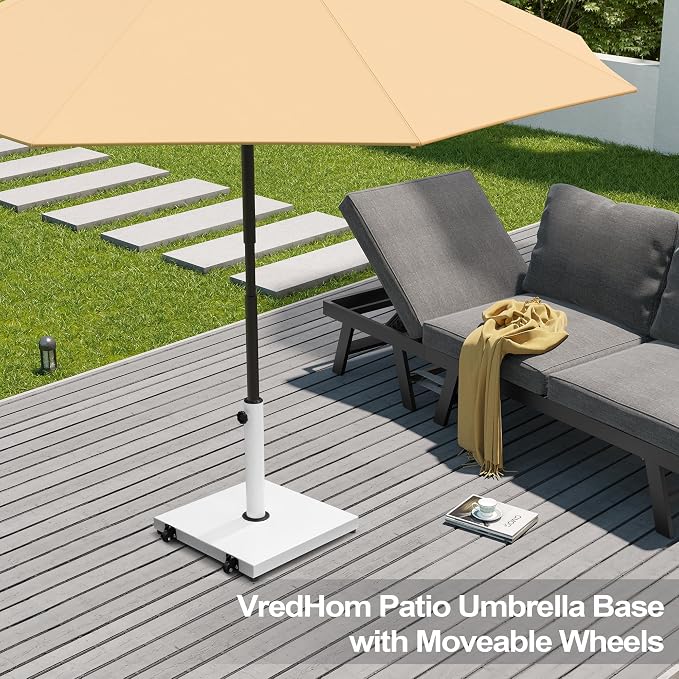 Patio Umbrella Base with Wheels, 43lbs White Outdoor Umbrella Stand | With 2 Wheels, Square Heavy Duty Base, Suitable for 6-12FT Market & Fringe Umbrella, for Deck, Lawn, Pool