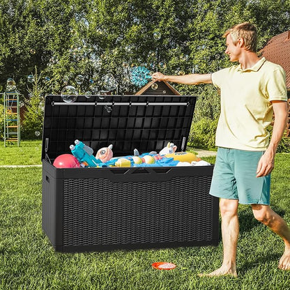 Greesum 100 Gallon Resin Deck Box Large Outdoor Storage with Cushions for Patio Furniture, Garden Tools, Pool Supplies, Weatherproof and UV Resistant, Lockable, Black