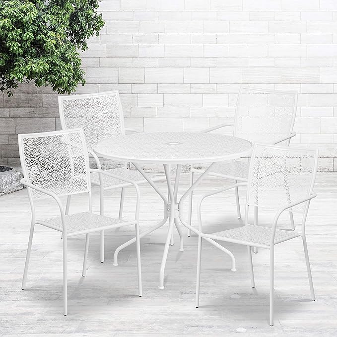 Flash Furniture Oia Commercial Grade 35.25" Round White Indoor-Outdoor Steel Patio Table Set with 4 Square Back Chairs