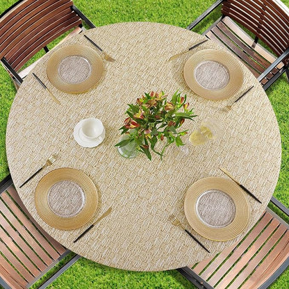 Romanstile Round Fitted Vinyl Tablecloth with Elastic Edge 100% Waterproof | Table Covers for 45"- 56" Tables, Wipeable Flannel Backed Plastic Table Cloths for Dinner, Picnic, Camping, Outdoor, Weave