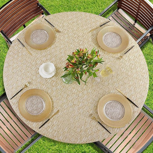 Romanstile Round Fitted Vinyl Tablecloth with Elastic Edge 100% Waterproof | Table Covers for 57"- 68" Tables, Wipeable Flannel Backed Plastic Table Cloths for Dinner, Picnic, Camping, Outdoor, Weave