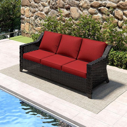 77'' Patio Sofa, All Weather Outdoor Rattan Wicker 3-Seat Sofa High Back Couch with Premium Cushions for Garden Backyard Porch(Brown/Red)