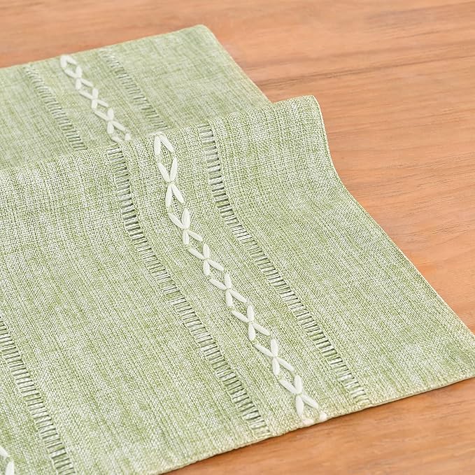 Wracra Cotton Linen Place Mats, Sage Green Embroidered Placemats Set of 4 | Placemats 12 x 18 Inch; Cotton Linen Woven Fabric; Heat Resistant Table Mats; Raised Embroidered Hollow Design