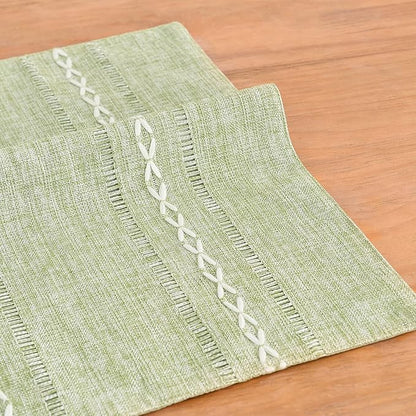 Wracra Cotton Linen Place Mats, Sage Green Embroidered Placemats Set of 4 | Placemats 12 x 18 Inch; Cotton Linen Woven Fabric; Heat Resistant Table Mats; Raised Embroidered Hollow Design