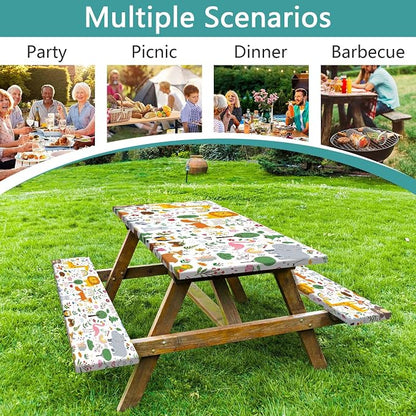 Picnic Table Cover with Bench Covers, Camping Essentials, Jungle Animal Cute Waterproof Windproof Camping Tablecloth, Fitted Tablecloth Cover with Elastic Edge for Indoor Outdoor 30x72 Inch