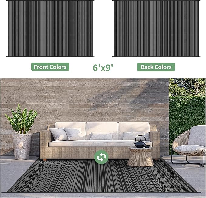 GENIMO Outdoor Rug, Waterproof Plastic Rugs for Patio, 6'x9' Light Grey | Outside Larger Modern Carpet Mat for Porch Decor, Deck, Balcony, Camping, RV, Backyard, Picnic, Beach, Reversible, Foldable