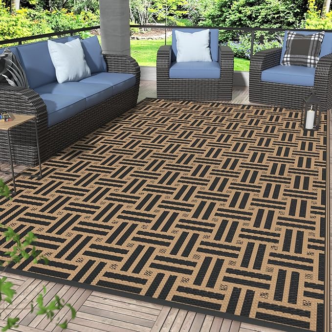 GENIMO Outdoor Rug, Waterproof Plastic Rugs for Patio, 6'x9' Mid Brown | Outside Larger Modern Carpet Mat for Porch Decor, Deck, Balcony, Camping, RV, Backyard, Picnic, Beach, Reversible, Foldable