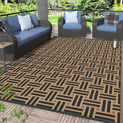 GENIMO Outdoor Rug, Waterproof Plastic Rugs for Patio, 6'x9' Mid Brown | Outside Larger Modern Carpet Mat for Porch Decor, Deck, Balcony, Camping, RV, Backyard, Picnic, Beach, Reversible, Foldable