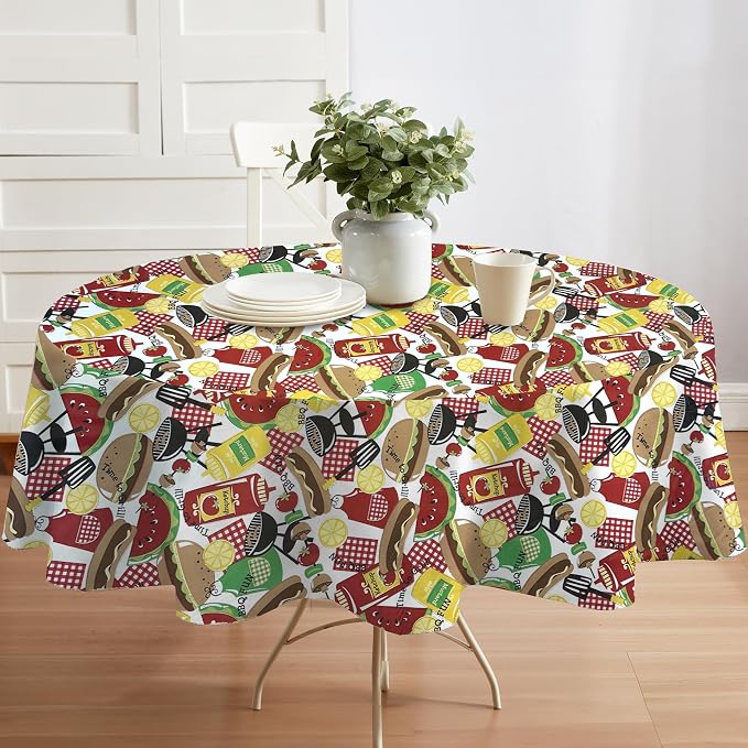 Newbridge Summer Memories Vinyl Tablecloth, 60 Inch x 84 Inch Oval | Retro Barbeque Print, Flannel Backing, Kitschy Nostalgic BBQ Print, Easy Care Indoor Outdoor Table Cover