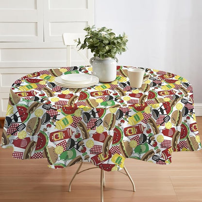 Newbridge Summer Memories Vinyl Tablecloth, 60 Inch x 84 Inch Oval | Retro Barbeque Print, Flannel Backing, Kitschy Nostalgic BBQ Print, Easy Care Indoor Outdoor Table Cover