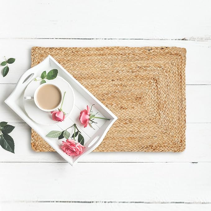 Hausattire Jute Braided Placemats 13x19 Inches Set of 4 Reversible Handwoven Boho Vintage Placemats for Kitchen Dining Tables|BBQ's Farmhouse Easter Decor Indoor & Outdoor Parties|Natural
