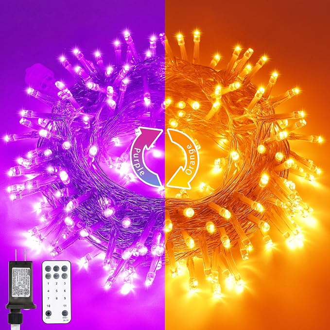 JMEXSUSS 200 LED Orange Purple Halloween Lights for Halloween Decor | 66 ft Connectable Halloween Color Change String Lights Indoor Outdoor Plug in for Tree Decor, 11 Modes,Clear Wire, Remote