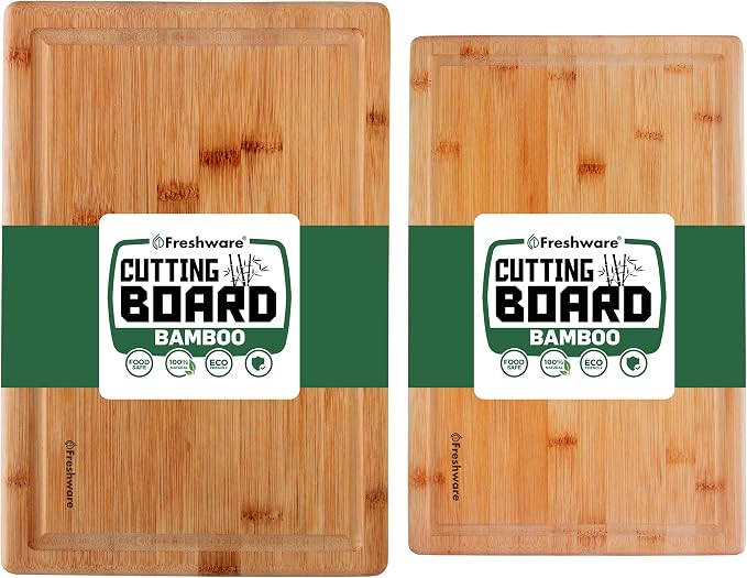 Freshware Freshware Bamboo Cutting Boards for Kitchen with Juice Groove [Set of 2] Wood Cutting Board for Chopping Meat, Vegetables, Fruits, Cheese, Knife Friendly Serving Tray with Handles