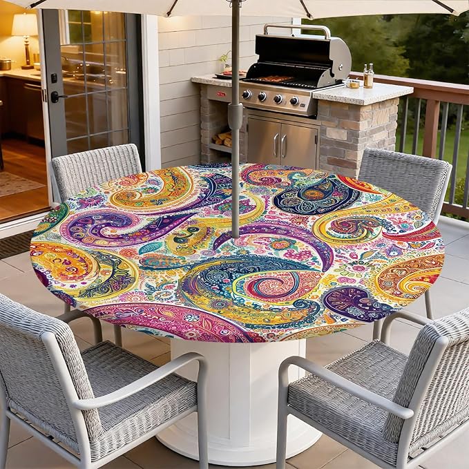 Outdoor Tablecloth with Umbrella Hole and Zipper Fits 37-44" Tables | Waterproof Round Fitted Tablecloth with Elastic Edge, Wipeable Outdoor Table Cover for Patio, Garden, Picnic