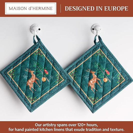 Maison d' Hermine Pot Holders Set 100% Cotton Heat Resistant Potholders 8" x 8" Hot Pads with Loop for Thanksgiving Christmas Decorations BBQ Baking Handling Hot Pans (Pack of 2, Hygge Christmas)