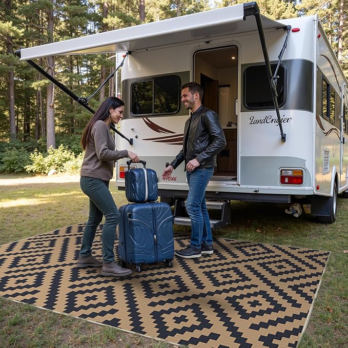 GENIMO Outdoor Rug, Waterproof Plastic Rugs for Patio, 6'x9' Black Cocoa | Outside Larger Modern Carpet Mat for Porch Decor, Deck, Balcony, Camping, RV, Backyard, Picnic, Beach, Reversible, Foldable