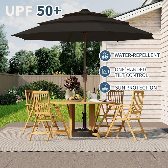 9FT 3 Tiers Patio Umbrella With Auto Tilt And Crank, Outdoor Table Market Umbrella with 8 Sturdy Ribs for Garden, Lawn, Deck, Backyard and Pool