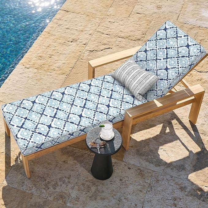 LVTXIII Outdoor Chaise Lounge Cushion 72x21x3 Inch, Water-Repellent Patio Seat Cushion with Ties & Hidden Zipper, Thick Foam Pad for Lawn Chair, Poolside, Patio Furniture, Boho Geometry Blue