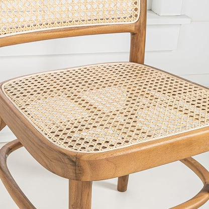 JONATHAN Y Colmar Mid-Century Natural Teak Rattan Dining Chairs Set of 2 | For Kitchen And Home Office, Woven Cane Back, Armless Side Seating, Indonesian Wood, Vintage Bohemian Style