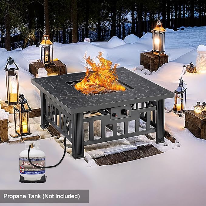 VECELO Propane Fire Pit, 30 Inch Outdoor Gas Fire Table, 50,000 BTU Square Firepit with Lid and Lava Rock, Adjustable Flame Steel Fire Table for Outdoor, Patio, Backyard, Party, Black