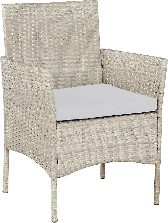 Outdoor Wicker Conversation 3 Piece Bistro Set Garden Patio Yard Porch Furniture Space Saving Pe Rattan 2 Chairs Cushions Side Storage Glass Table Gray/Cream 3pc