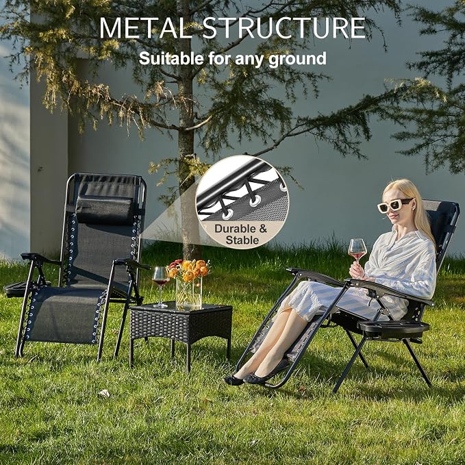 Sweetcrispy Zero Gravity Chairs Set of 2, Outdoor Folding Patio Lounge Chair with Cup Holder Tray, Portable Beach Camping Recliner for Poolside, Garden, Backyard, Lawn, Solid Black