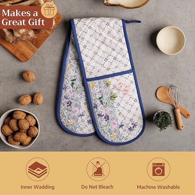 Maison d' Hermine Double Oven Mitts 100% Cotton 7"x35" Double Oven Mitt Heat Resistant BBQ Cooking Gloves with Loop Baking Grilling Kitchen Hotel Home Farmhouse Spring Summer (Faience)