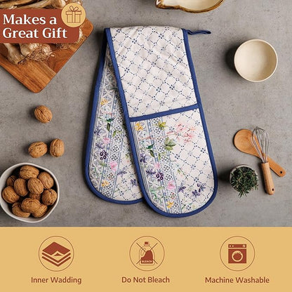 Maison d' Hermine Double Oven Mitts 100% Cotton 7"x35" Double Oven Mitt Heat Resistant BBQ Cooking Gloves with Loop Baking Grilling Kitchen Hotel Home Farmhouse Spring Summer (Faience)