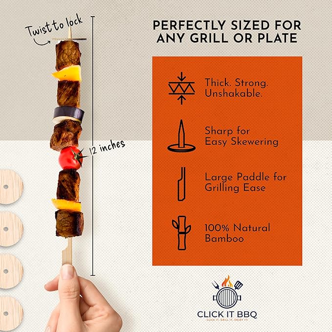 Kabob Keeper Pro - Bamboo Skewers - Kebab Skewers with Innovative Stopper Disks to Lock Food in Place - 100 Count