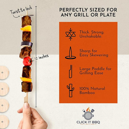 Kabob Keeper Pro - Bamboo Skewers - Kebab Skewers with Innovative Stopper Disks to Lock Food in Place - 100 Count