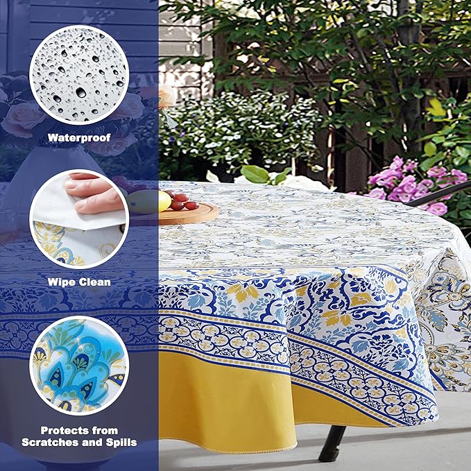 Home Bargains Plus Oval Vinyl Tablecloth with Flannel Backing, 60 x 84 Inch, Alluring French Country, Yellow and Blue Floral Vinyl Table Cover, Heavy Weight for Dining Party and Barbecues