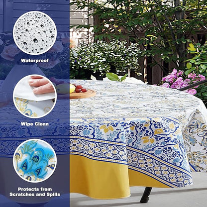 Home Bargains Plus Oval Vinyl Tablecloth with Flannel Backing, 60 x 84 Inch, Alluring French Country, Yellow and Blue Floral Vinyl Table Cover, Heavy Weight for Dining Party and Barbecues