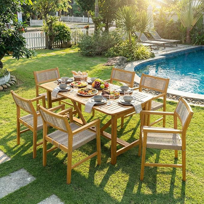 Acacia 7 Piece Outdoor Dining Set Extendable 63"-95" L Table with Umbrella Hole & 6 Handwoven Chairs - All-Weather Use, Easy Assembly Patio Furniture Set for Deck, Garden - Natural (Set for 6-8)