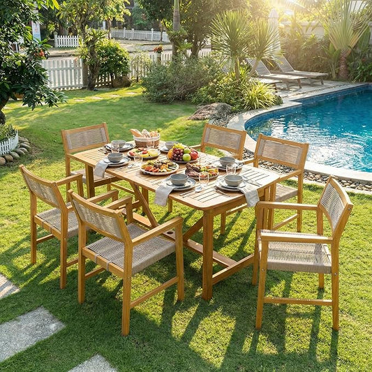 Acacia 7 Piece Outdoor Dining Set Extendable 63"-95" L Table with Umbrella Hole & 6 Handwoven Chairs - All-Weather Use, Easy Assembly Patio Furniture Set for Deck, Garden - Natural (Set for 6-8)