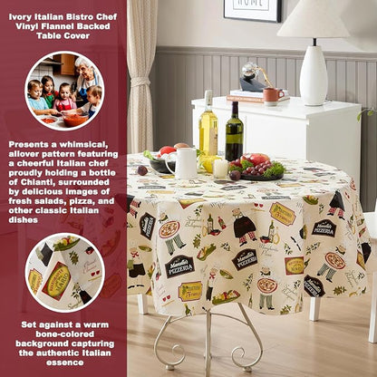 Newbridge 70 Inch Round Vinyl Tablecloth with Flannel Backing, Italian Bistro Chef, Novelty Chef Indoor Outdoor Waterproof Table Cover for Picnic, Barbecue, Patio and Kitchen Dining, Ivory