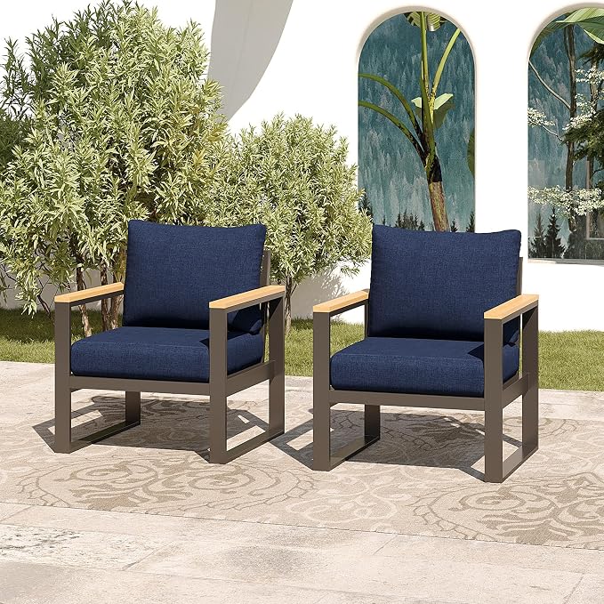 Sundale Outdoor 2 Pieces Patio Aluminum Armchairs, All-Weather Outdoor Furniture with 6” Olefin Cushion & Wide Armrest, Outdoor Chairs or Garden Deck Porch (Navy Blue)