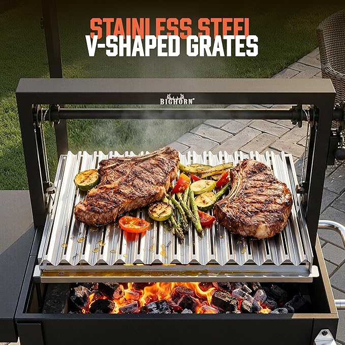BIG HORN Santa Maria Grill, Argentine Parrilla Grill with Adjustable Height Grate, Wood Fire & Charcoal BBQ Grill, Large Outdoor Open Fire Grill with Storage for Patio & Backyard