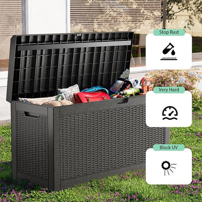 Waterproof Outdoor Storage Box, 70 Gallon Lockable Deck Box, UV-Resistant Outside Storage Bin With Hydraulic Lid For Patio Furniture, Cushion Organizer, Garden Tools, Pool Accessories, Black