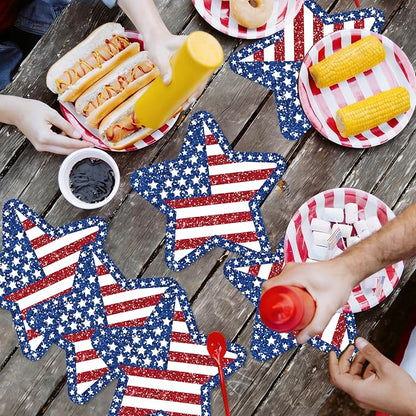 24 PCS Independence Day Star Shaped Placemats Set, 12" x 12" Patriotic American Flag Red White Blue Star Placemat Disposable Table Mats for 4th of July Party BBQ Picnic Dining Table Decoration