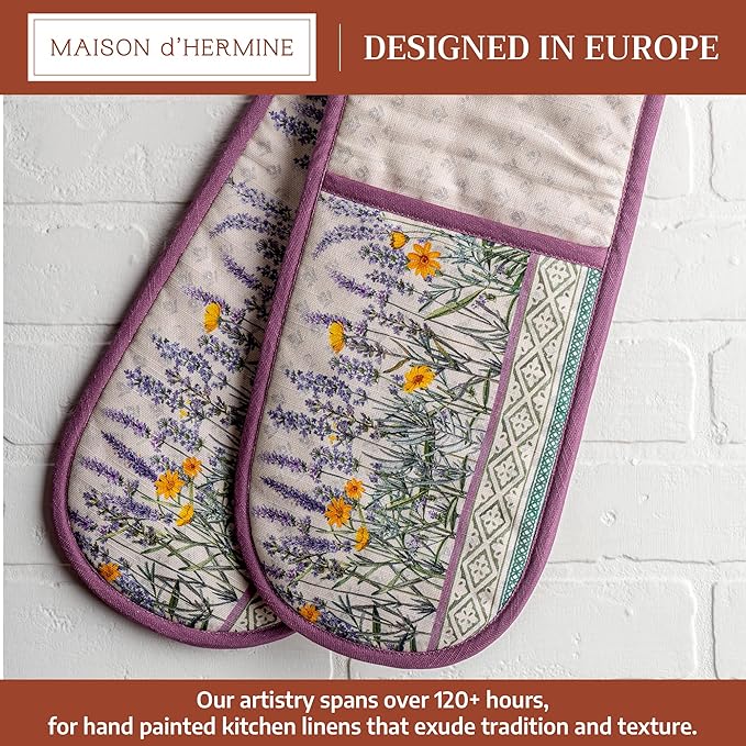 Maison d' Hermine Double Oven Mitts 100% Cotton 7"x35" Double Oven Mitt Heat Resistant BBQ Cooking Gloves with Loop Baking Grilling Kitchen Hotel Home Farmhouse Spring Summer (Fanny Lavender)