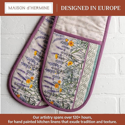 Maison d' Hermine Double Oven Mitts 100% Cotton 7"x35" Double Oven Mitt Heat Resistant BBQ Cooking Gloves with Loop Baking Grilling Kitchen Hotel Home Farmhouse Spring Summer (Fanny Lavender)