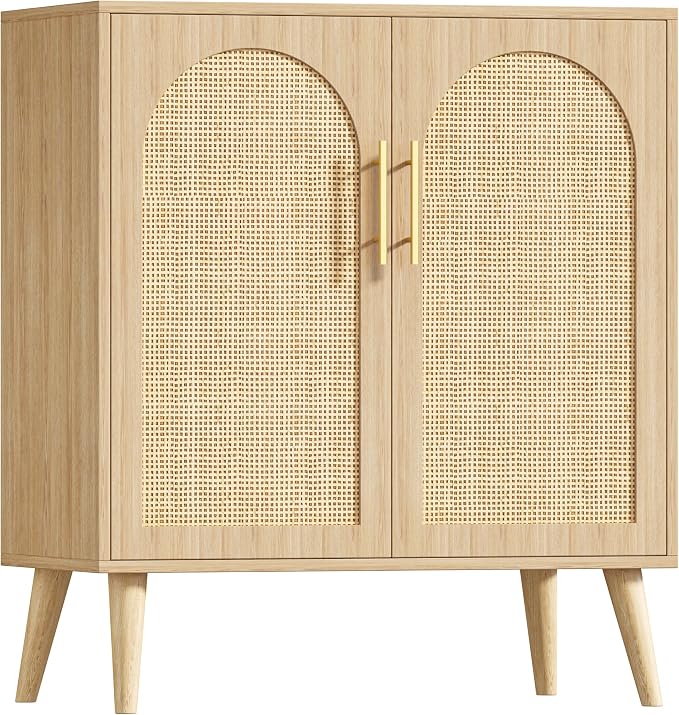 Keehusux 15.7" D Rattan Storage Cabinet with 2 Doors & Adjustable Shelf | Accent Buffet Sideboard Cabinet with Solid Wood Legs, Coffee Bar for Kitchen, Living Room, Entryway, Natural Oak