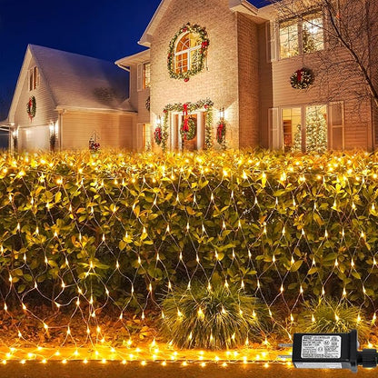 QITONG Net Lights Outdoor Mesh Lights, 12ft x 5ft 360 LED Warm White Christmas Light with 8 Modes, Connectable Clear Wire Bush Light Plug in