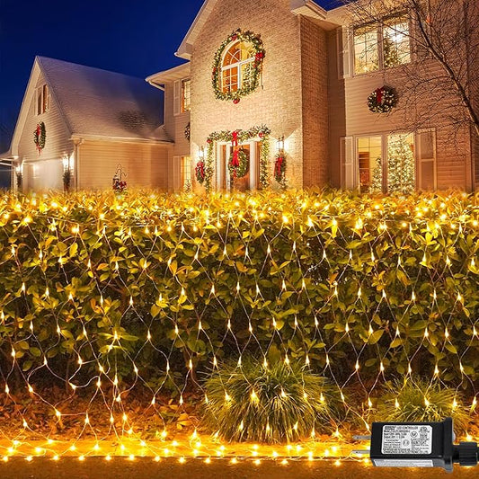 QITONG Net Lights Outdoor Mesh Lights, 12ft x 5ft 360 LED Warm White Christmas Light with 8 Modes, Connectable Clear Wire Bush Light Plug in