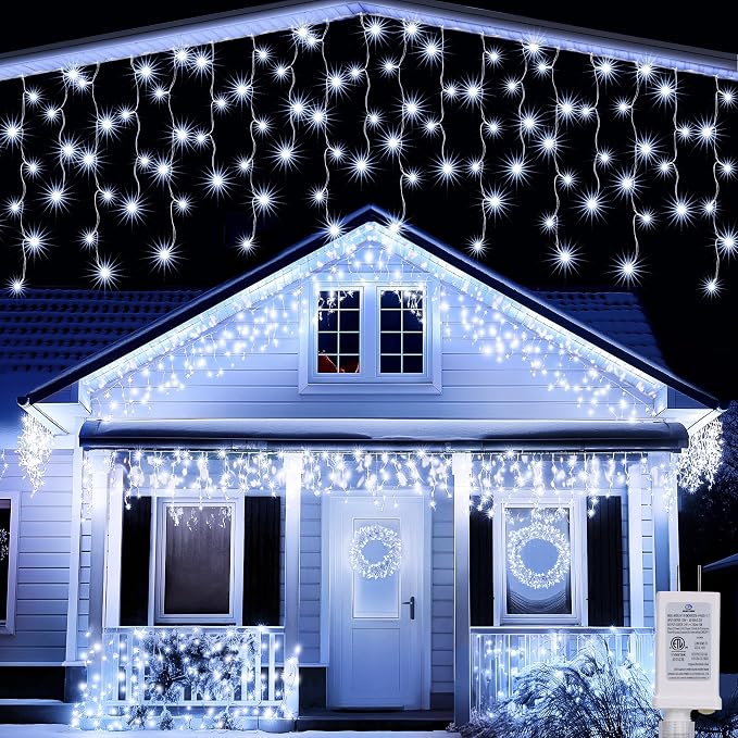 Joomer 33FT Christmas Icicle Lights Outdoor Connectable White | 50 Drops 8 Modes Timer Waterproof Plug-in String Light for Christmas Party, holiday Eaves Roof yard Xmas Decorations