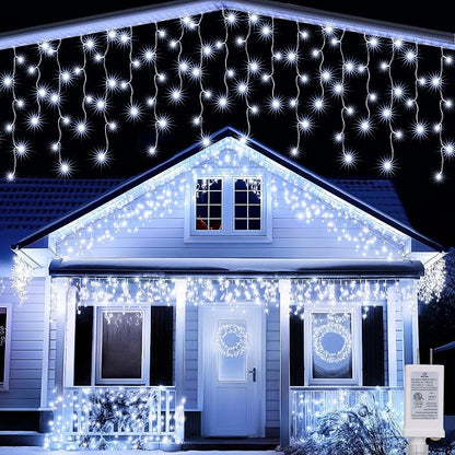 Joomer 33FT Christmas Icicle Lights Outdoor Connectable White | 50 Drops 8 Modes Timer Waterproof Plug-in String Light for Christmas Party, holiday Eaves Roof yard Xmas Decorations