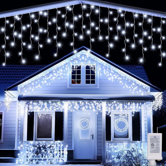 Joomer 33FT Christmas Icicle Lights Outdoor Connectable White | 50 Drops 8 Modes Timer Waterproof Plug-in String Light for Christmas Party, holiday Eaves Roof yard Xmas Decorations