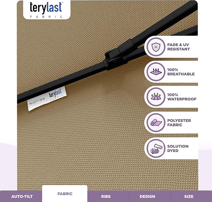 Midtown Umbrellas - 10-Year-No-Fade 10 Ft Patio Umbrella with Terylast Fabric, Auto-Tilt Aluminum Frame and 8 Reinforced Ribs for Deck, Pool, Garden & Beach - Chestnut Beige Canopy, Black Pole
