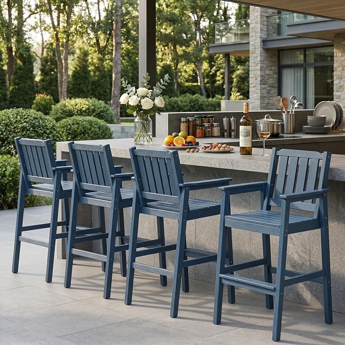 Garvee Outdoor Patio Bar Height Chair Set of 4, All-Weather HDPE Bar Height Barstools Widened Chair Set, Adirondack Chairs Set with Widened Armrests for Garden, Poolside, Bistro