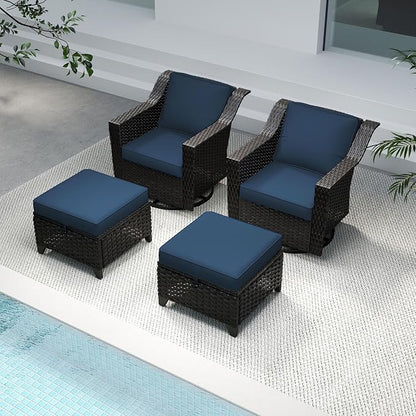 4 Pieces Patio Conversation Furniture Set - 2 Swivel Chairs, 2 Ottomans, Outdoor Wicker Furniture with Removable Cushions for Porch, Balcony, Sunroom (Blue)